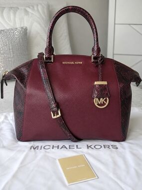 Michael Kors Riley Merlot Pebble Leather Satchel with Snakeskin-Embossed Trim